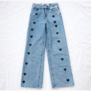 Kimhekim Heart Stamped Print Wide Leg‎ Denim Blue Jeans Size Small • My Uniform